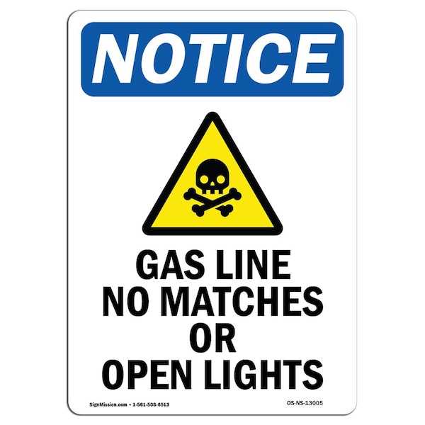Safety Sign, OSHA Notice, 24" Height, Gas Line No Matches Sign With Symbol, Portrait